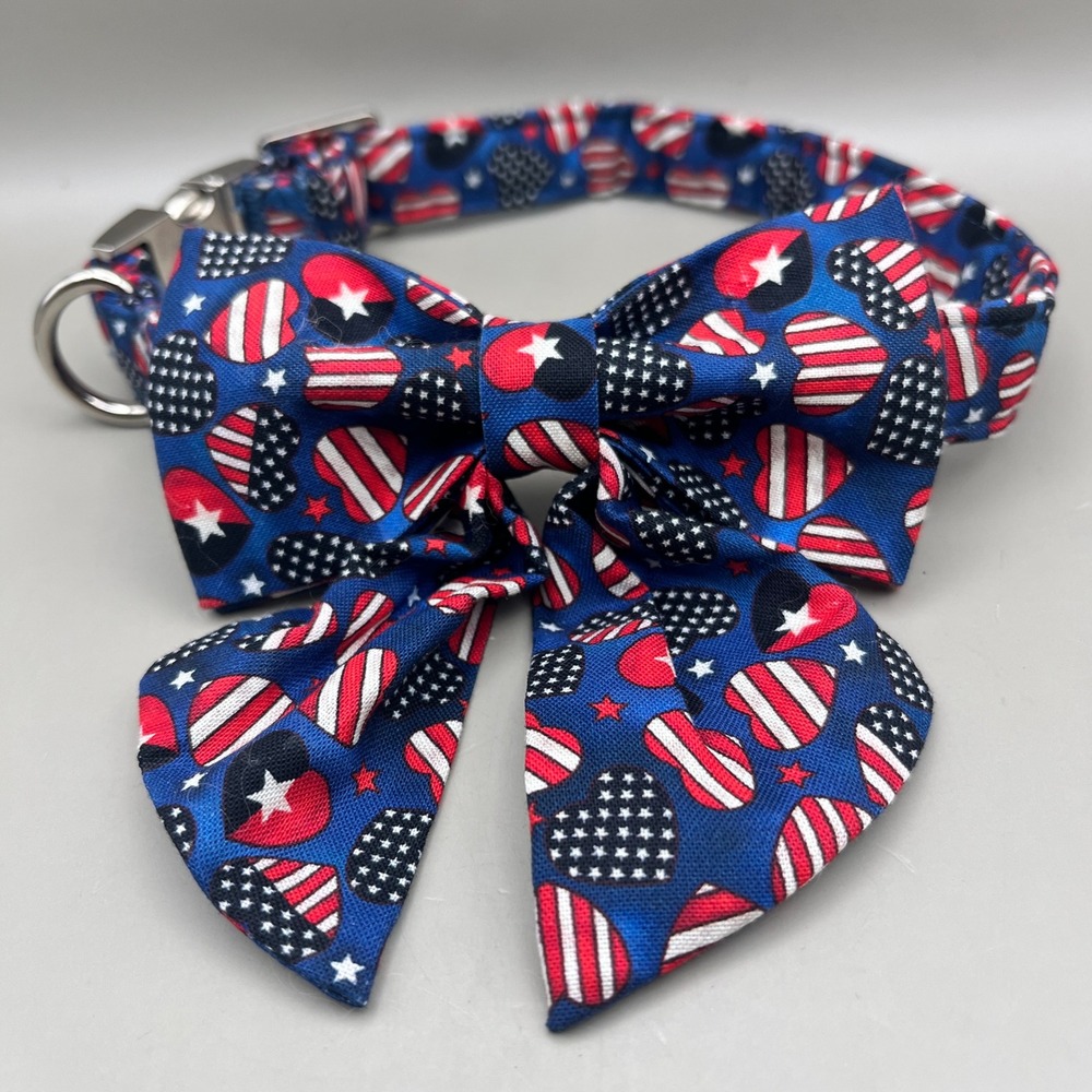 Patriotic Stars Stripes Heart Dog Collar Detachable‎ Bow Tie 15" Mr Chubbyface